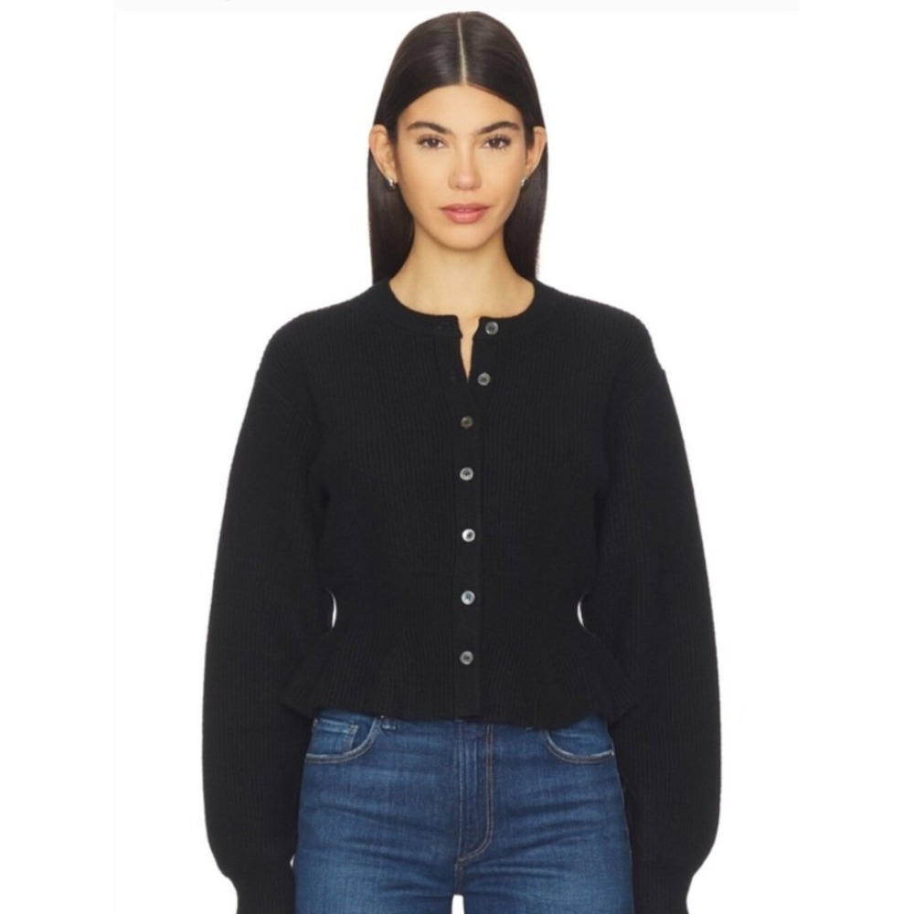 Paige Women's Roslin Knit‎ Cardigan Size Medium Black Wool Blend Peplum Hem